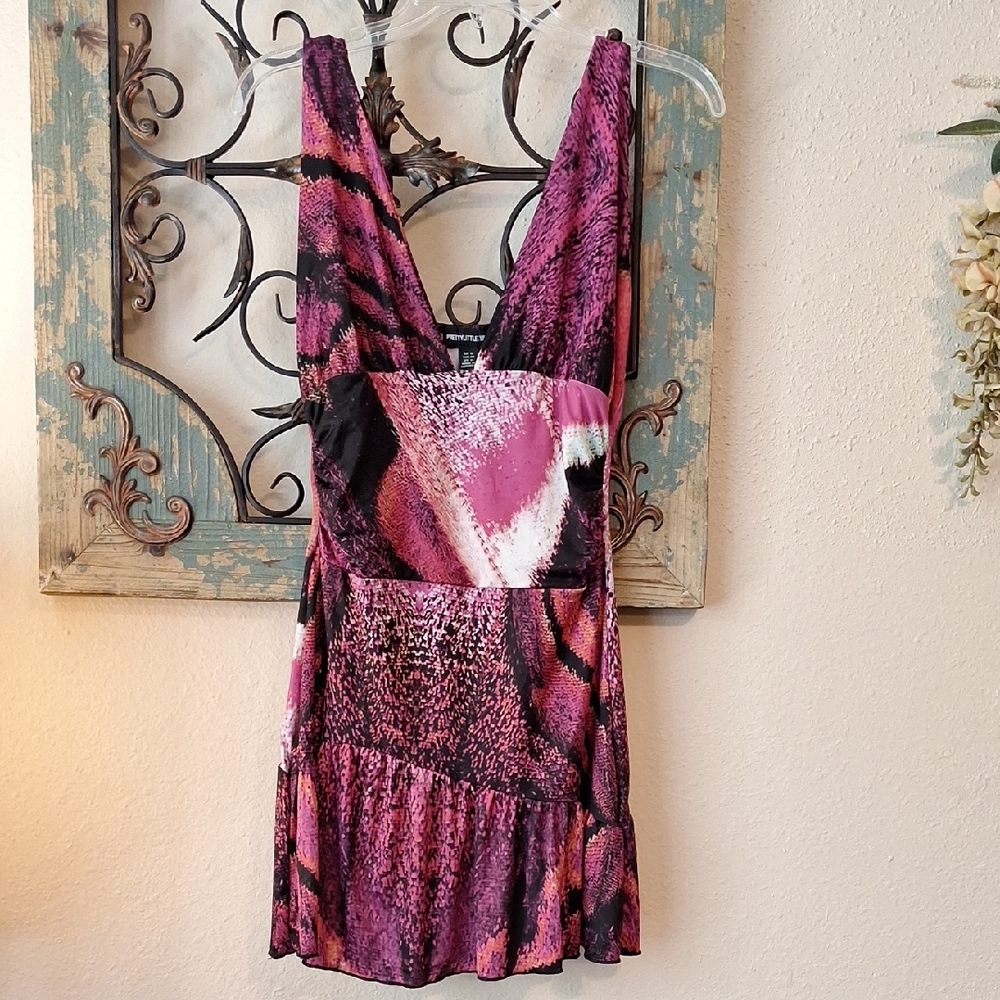 Pink and Purple Ruched Plunge Mini Dress. NWT Size 8